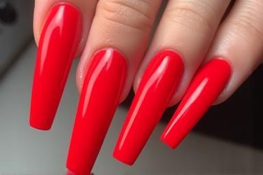 Example of long acrylic nail extensions with a vibrant red polish. The shape is a stylish stiletto, demonstrating the potential for dramatic length and strong structure.