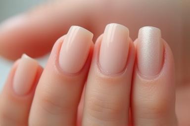Close-up demonstrating the natural-looking finish of builder gel application on nails. Shows enhanced strength and a smooth surface with a sheer nude polish.