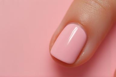Close-up of a perfectly applied classic gel manicure with a soft pink polish. The nails are neatly shaped and the cuticles are tidy, showcasing a clean, professional finish.
