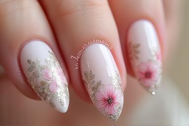 Intricate nail art design featuring delicate floral patterns and subtle glitter accents on a light base. The detail shows skilled hand-painting and precision application.