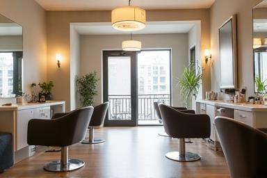 Interior view of the clean, modern, and inviting salon environment. Shows comfortable seating, neat stations, and relaxing decor.